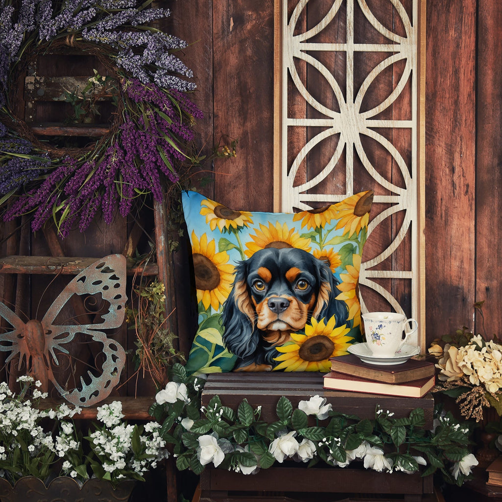 Cavalier Spaniel in Sunflowers Decorative Throw Pillow 18x18 Indoor Outdoor Accent Cushion, Fabric Cover with Insert for Sofa, Bed, Porch & Living Room