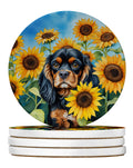Cavalier Spaniel in Sunflowers Large Sandstone Coasters Pack of 4 Absorbent Round Coasters Decor Gifts for Men or Women, 4 in, Multicolor