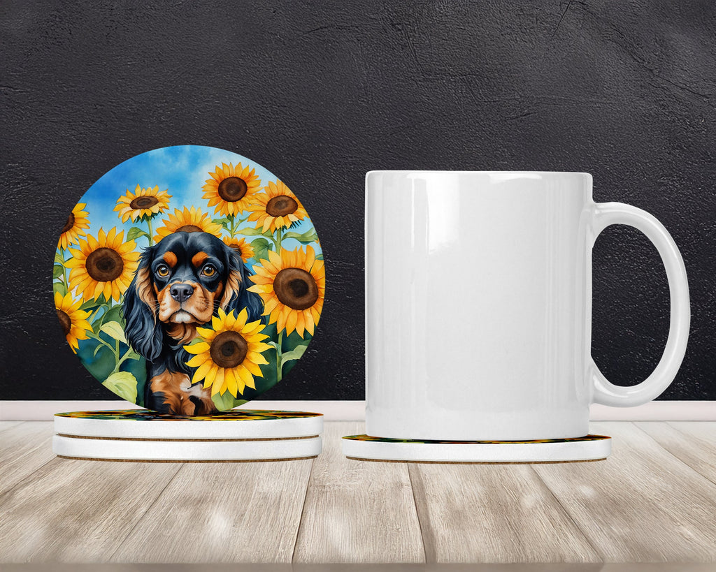 Cavalier Spaniel in Sunflowers Large Sandstone Coasters Pack of 4 Absorbent Round Coasters Decor Gifts for Men or Women, 4 in, Multicolor
