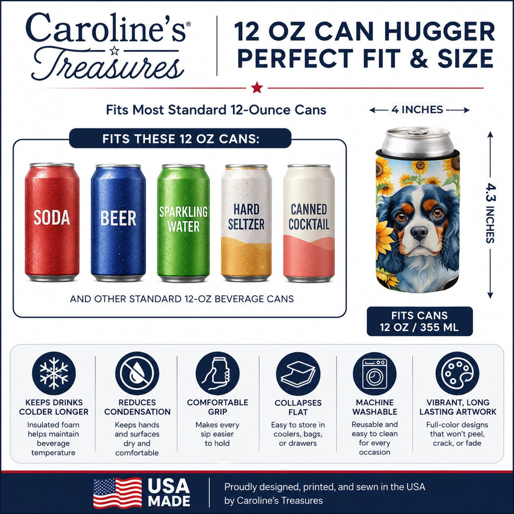 Cavalier Spaniel in Sunflowers Can or Bottle Hugger Cooler Sleeve for Standard 12 oz Cans, Insulated Foam Beer & Soda Can Hugger Reusable