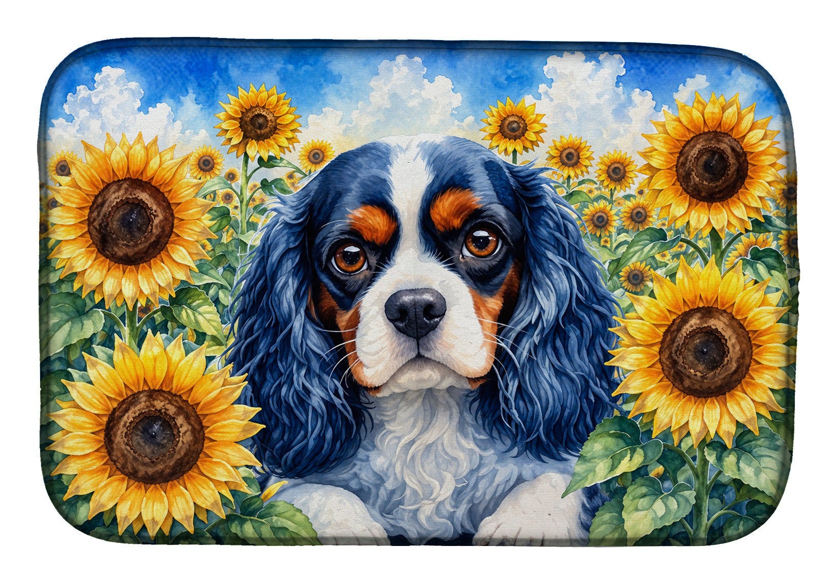 Cavalier Spaniel in Sunflowers Dish Drying Mat Absorbent Dish Drying Mat Pad for Kitchen Counter Dish Drainer Mat for Countertop, 14 x 21", Multicolor