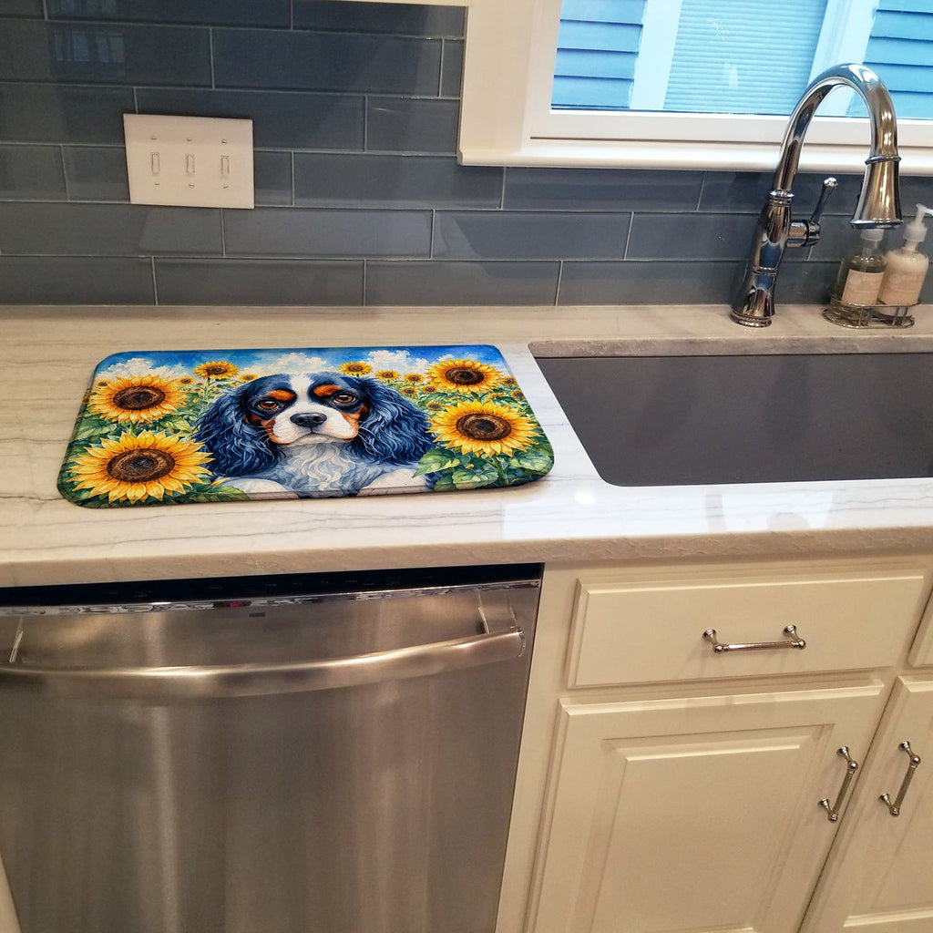 Cavalier Spaniel in Sunflowers Dish Drying Mat Absorbent Dish Drying Mat Pad for Kitchen Counter Dish Drainer Mat for Countertop, 14 x 21", Multicolor