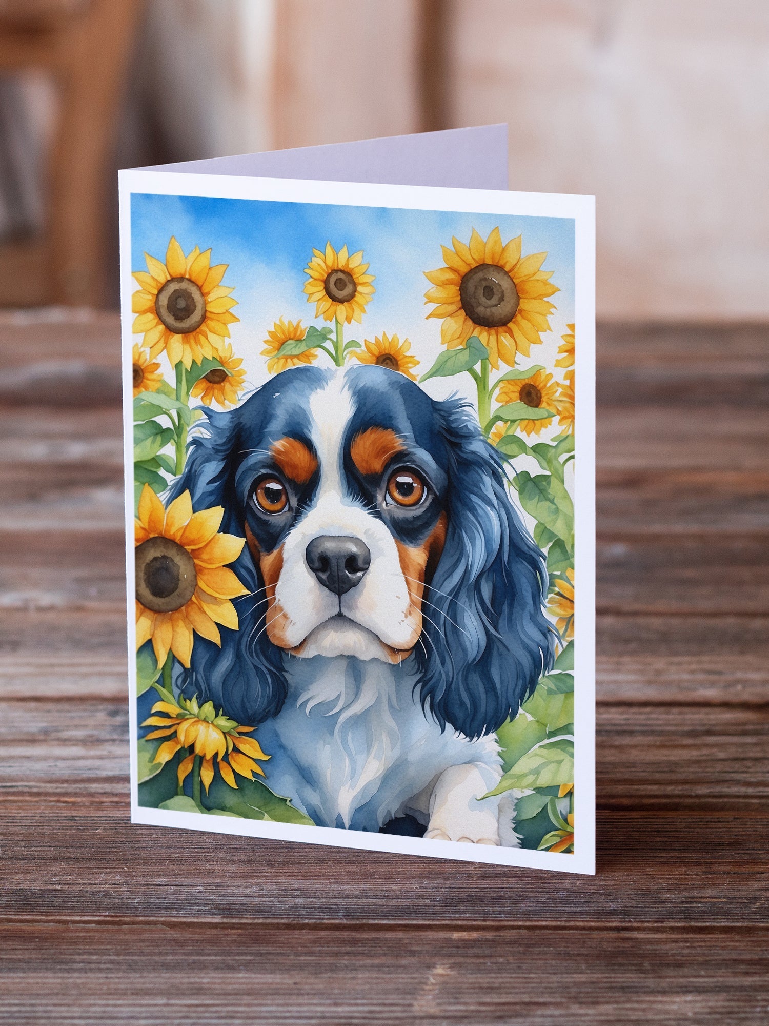 Cavalier Spaniel in Sunflowers Greeting Cards Pack of 8 Blank Cards with Envelopes Whimsical A7 Size 5x7