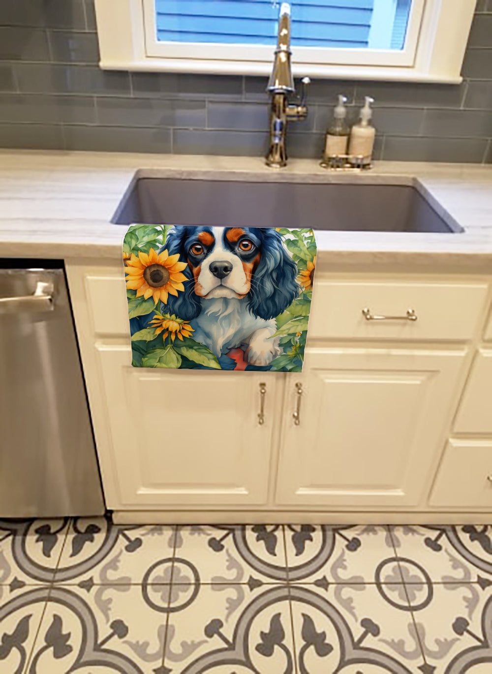 Cavalier Spaniel in Sunflowers Kitchen Towel Velour Plush Front and Cotton Loop Back Machine Washable