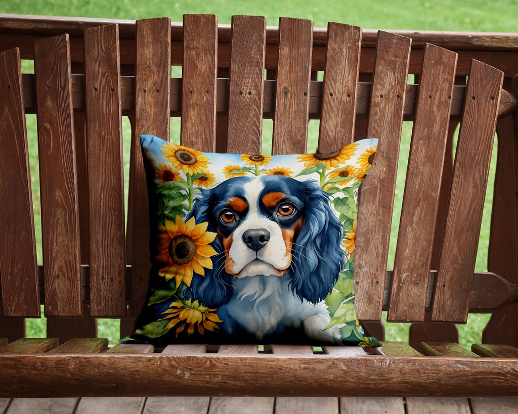 Cavalier Spaniel in Sunflowers Decorative Throw Pillow 14x14 Indoor Outdoor Accent Cushion, Fabric Cover with Insert for Sofa, Bed, Porch & Living Room
