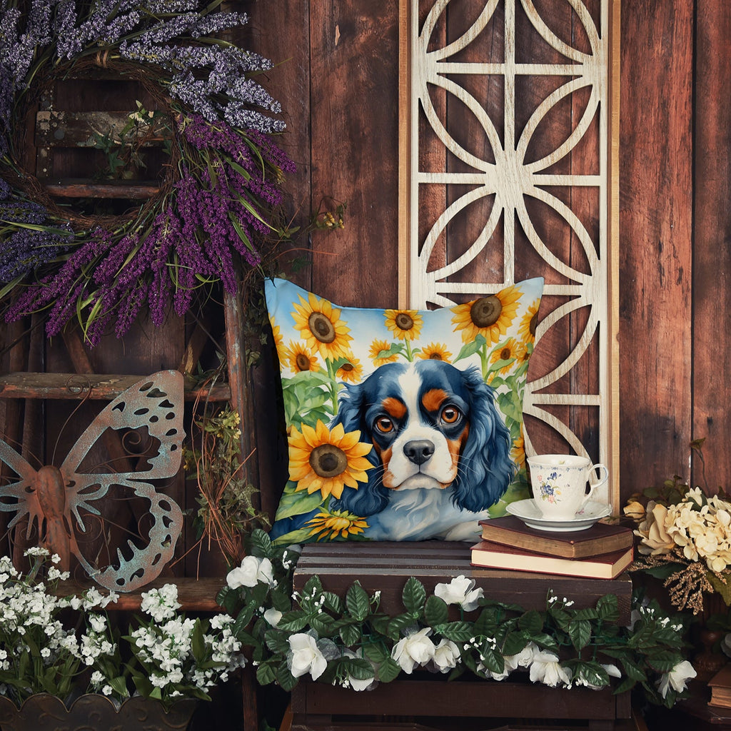 Cavalier Spaniel in Sunflowers Decorative Throw Pillow 14x14 Indoor Outdoor Accent Cushion, Fabric Cover with Insert for Sofa, Bed, Porch & Living Room