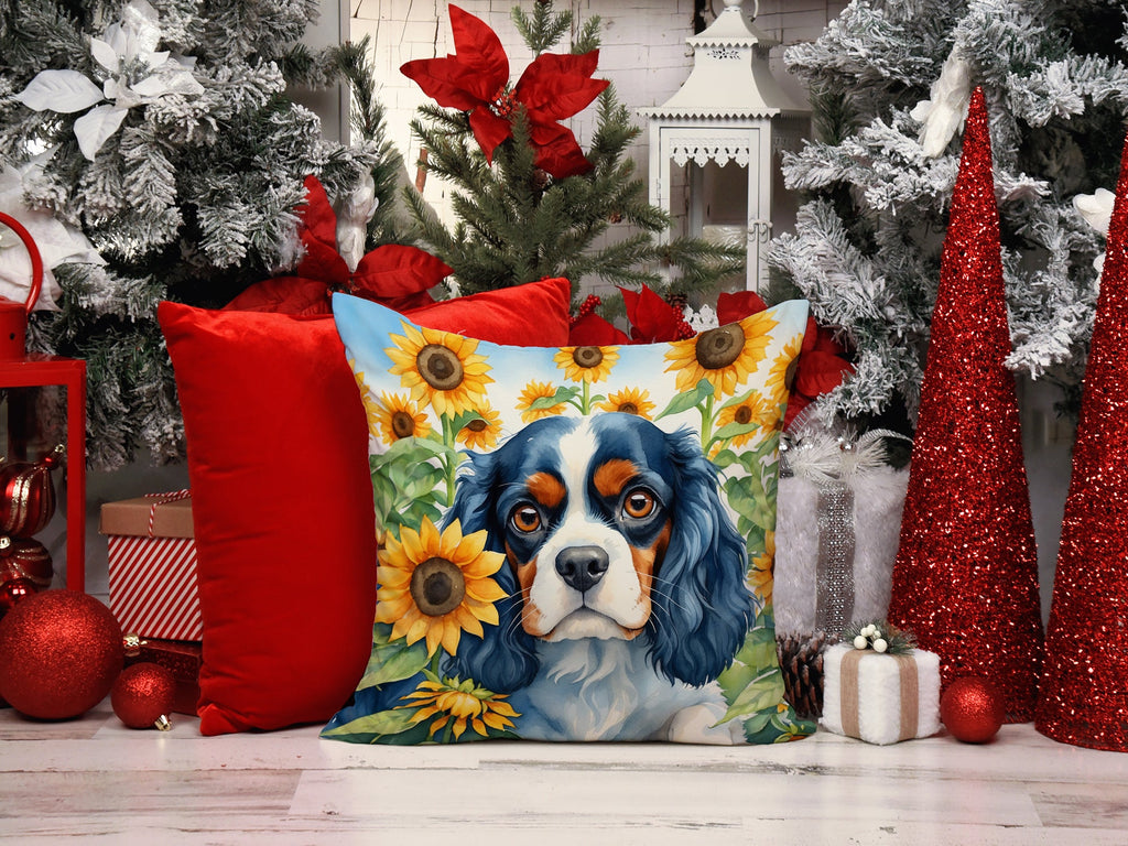 Cavalier Spaniel in Sunflowers Decorative Throw Pillow 14x14 Indoor Outdoor Accent Cushion, Fabric Cover with Insert for Sofa, Bed, Porch & Living Room