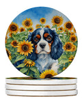 Cavalier Spaniel in Sunflowers Large Sandstone Coasters Pack of 4 Absorbent Round Coasters Decor Gifts for Men or Women, 4 in, Multicolor