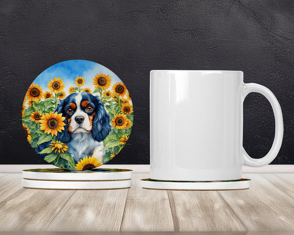 Cavalier Spaniel in Sunflowers Large Sandstone Coasters Pack of 4 Absorbent Round Coasters Decor Gifts for Men or Women, 4 in, Multicolor