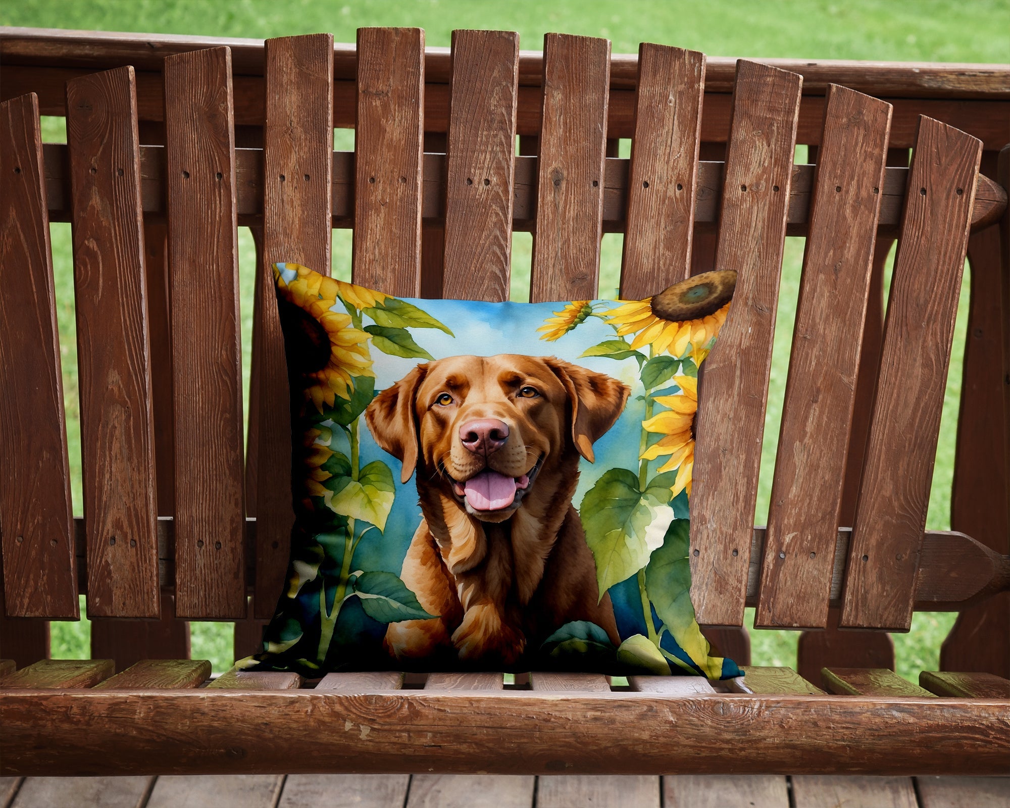 Chesapeake Bay Retriever in Sunflowers Decorative Throw Pillow 14x14 Indoor Outdoor Accent Cushion, Fabric Cover with Insert for Sofa, Bed, Porch & Living Room