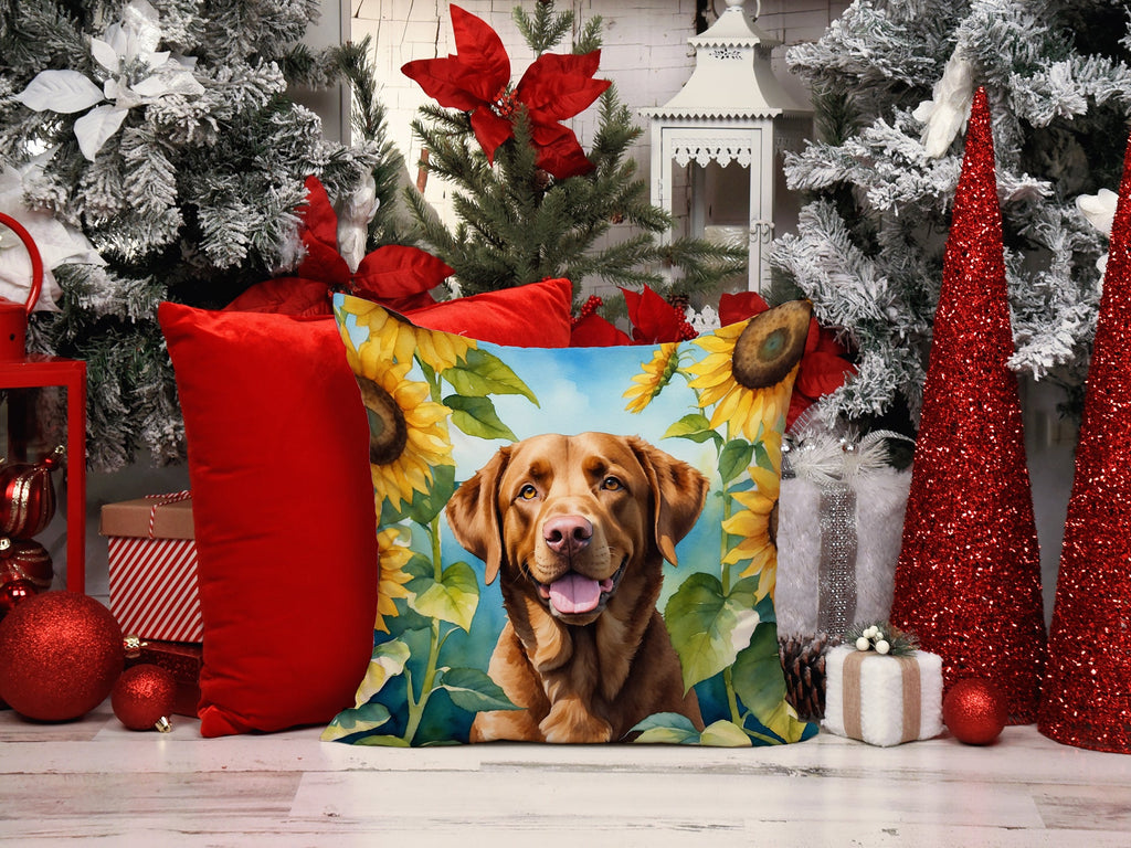 Chesapeake Bay Retriever in Sunflowers Decorative Throw Pillow 14x14 Indoor Outdoor Accent Cushion, Fabric Cover with Insert for Sofa, Bed, Porch & Living Room