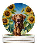 Chesapeake Bay Retriever in Sunflowers Large Sandstone Coasters Pack of 4 Absorbent Round Coasters Decor Gifts for Men or Women, 4 in, Multicolor