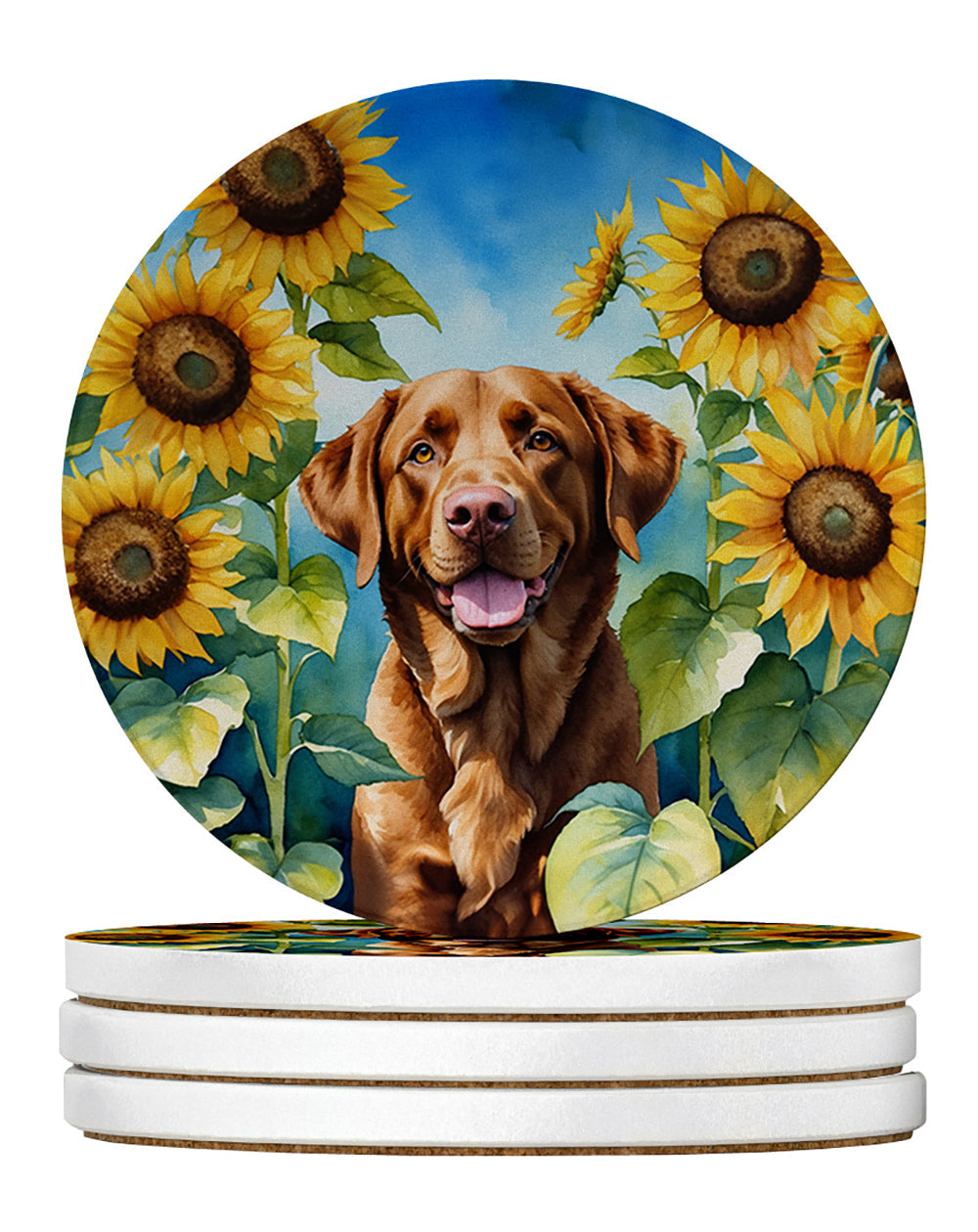 Chesapeake Bay Retriever in Sunflowers Large Sandstone Coasters Pack of 4 Absorbent Round Coasters Decor Gifts for Men or Women, 4 in, Multicolor