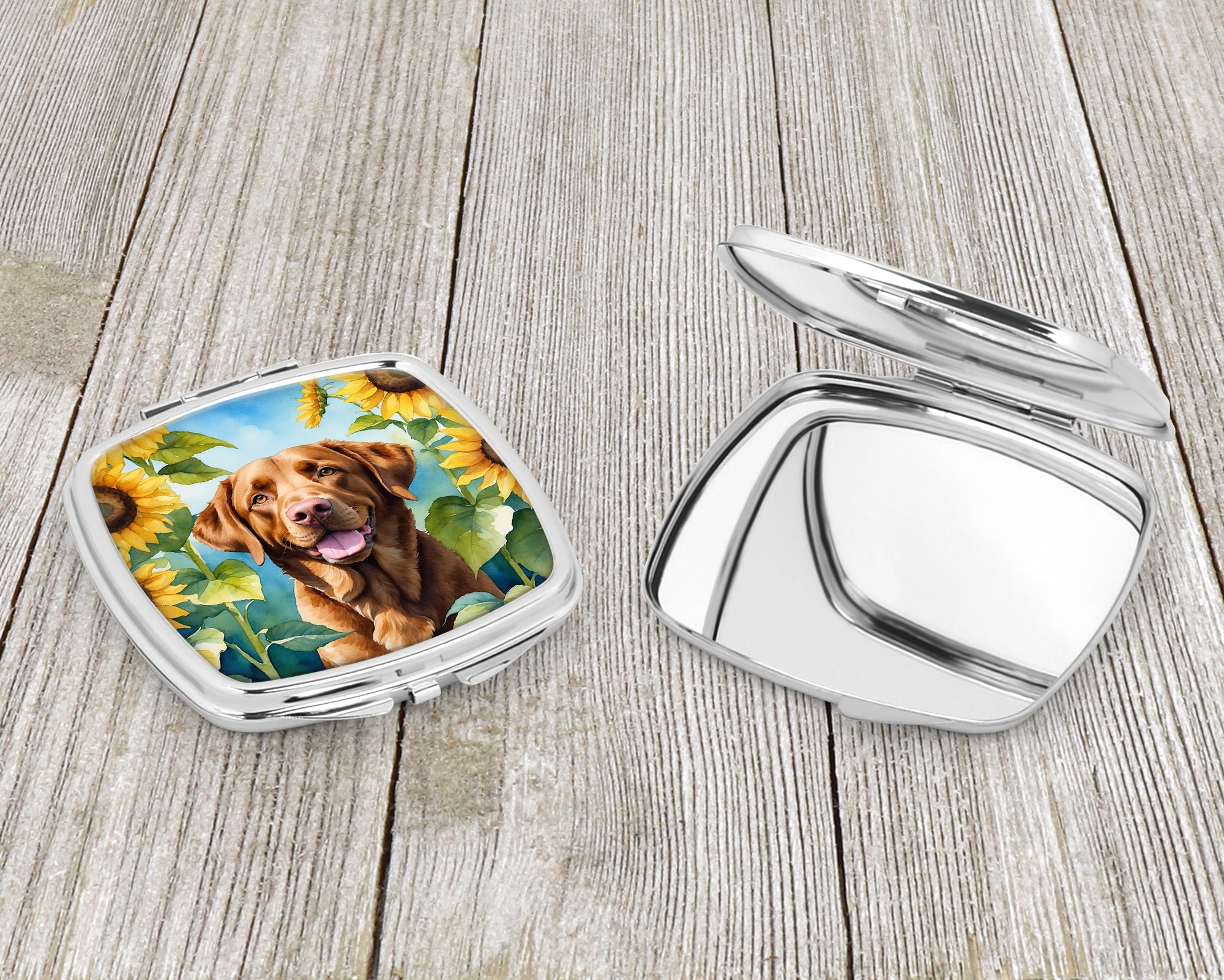 Chesapeake Bay Retriever in Sunflowers Compact Mirror Decorative Travel Makeup Mirror for Women Girls Gifts Pocket Makeup Mirror Folding Handheld