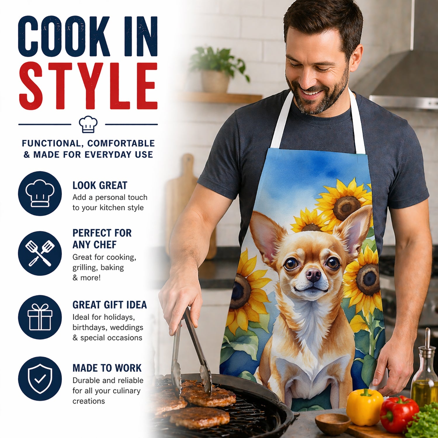 Chihuahua in Sunflowers Apron Cooking Kitchen Server Baking Crafts Gardening for Adult Women Men, Unisex, Large, Multicolor