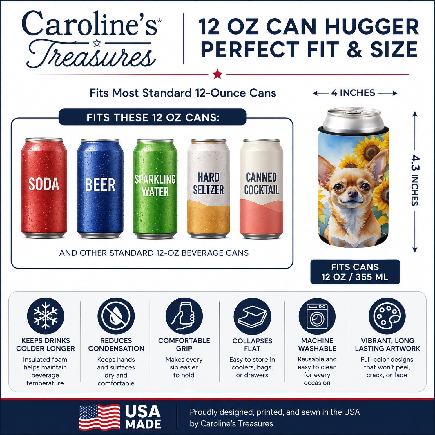 Chihuahua in Sunflowers Can or Bottle Hugger Cooler Sleeve for Standard 12 oz Cans, Insulated Foam Beer & Soda Can Hugger Reusable