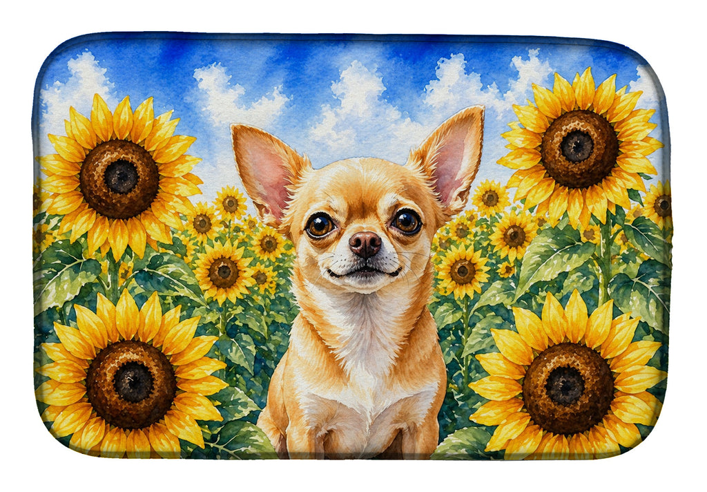 Chihuahua in Sunflowers Dish Drying Mat Absorbent Dish Drying Mat Pad for Kitchen Counter Dish Drainer Mat for Countertop, 14 x 21", Multicolor