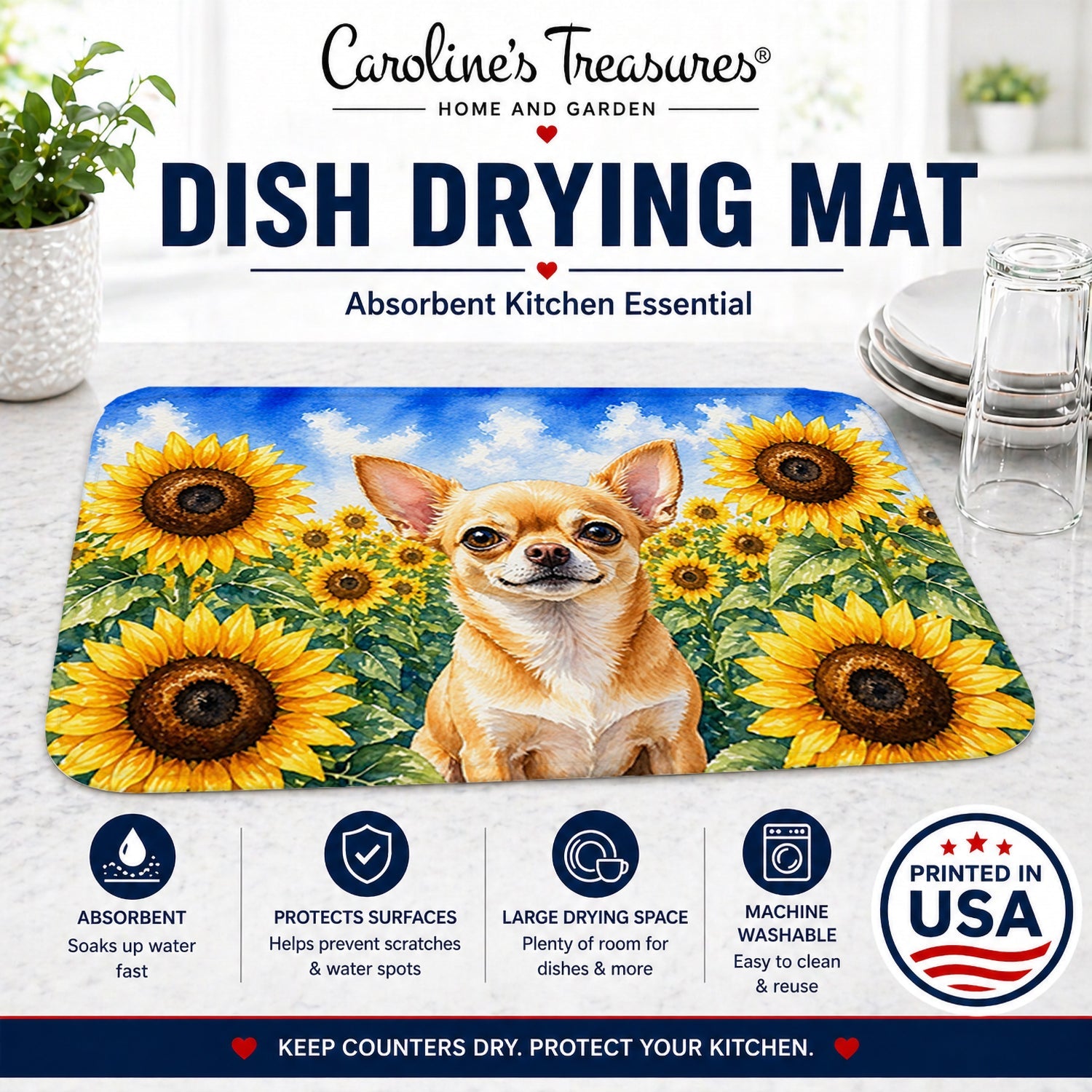 Chihuahua in Sunflowers Dish Drying Mat Absorbent Dish Drying Mat Pad for Kitchen Counter Dish Drainer Mat for Countertop, 14 x 21", Multicolor