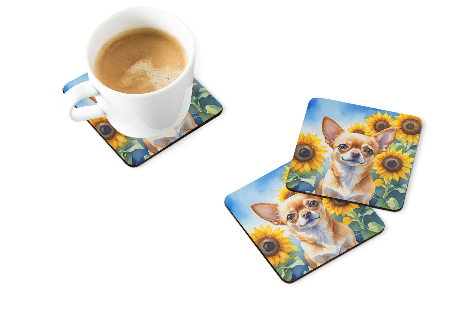 Chihuahua in Sunflowers Foam Coasters Set of 4 Cup Coasters for Indoor Outdoor, Tabletop Protection, Anti Slip, Mouse pad Material