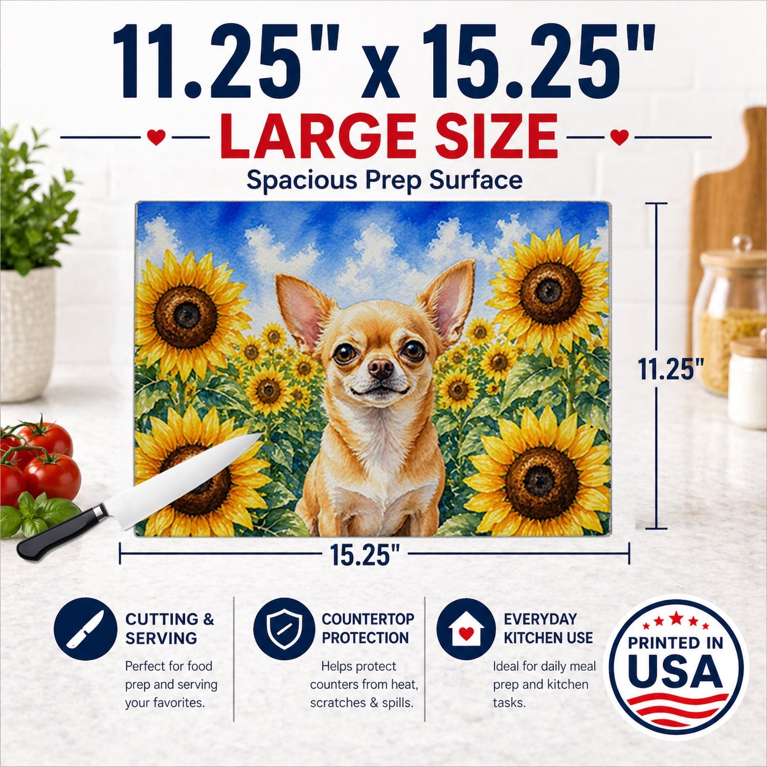 Chihuahua in Sunflowers Cutting Board Tempered Glass Kitchen Cutting Surface, Heat Resistant Chopping Board with Non-Slip Feet, Decorative Food Prep & Serving