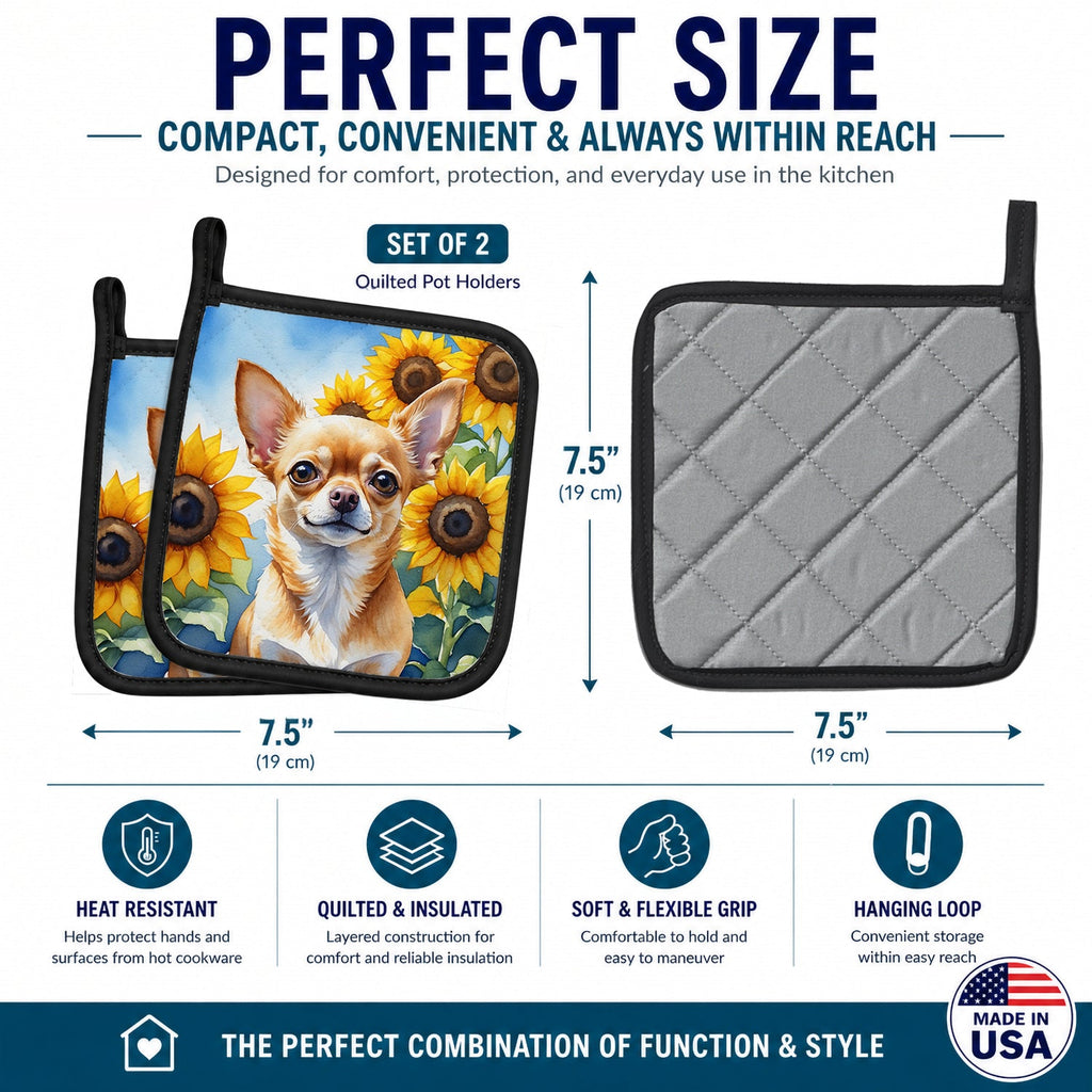 Chihuahua in Sunflowers Pot Holder Set of 2 Heat Resistant Quilted Hot Pads 7.5 x 7.5 Inch, Insulated Kitchen Trivets for Cooking & Baking