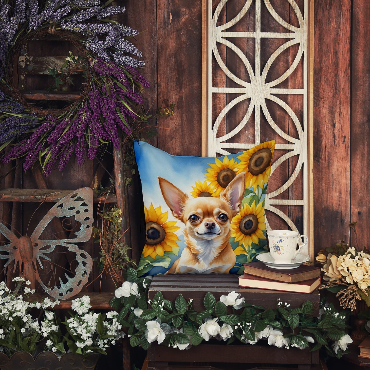 Chihuahua in Sunflowers Decorative Throw Pillow 14x14 Indoor Outdoor Accent Cushion, Fabric Cover with Insert for Sofa, Bed, Porch & Living Room