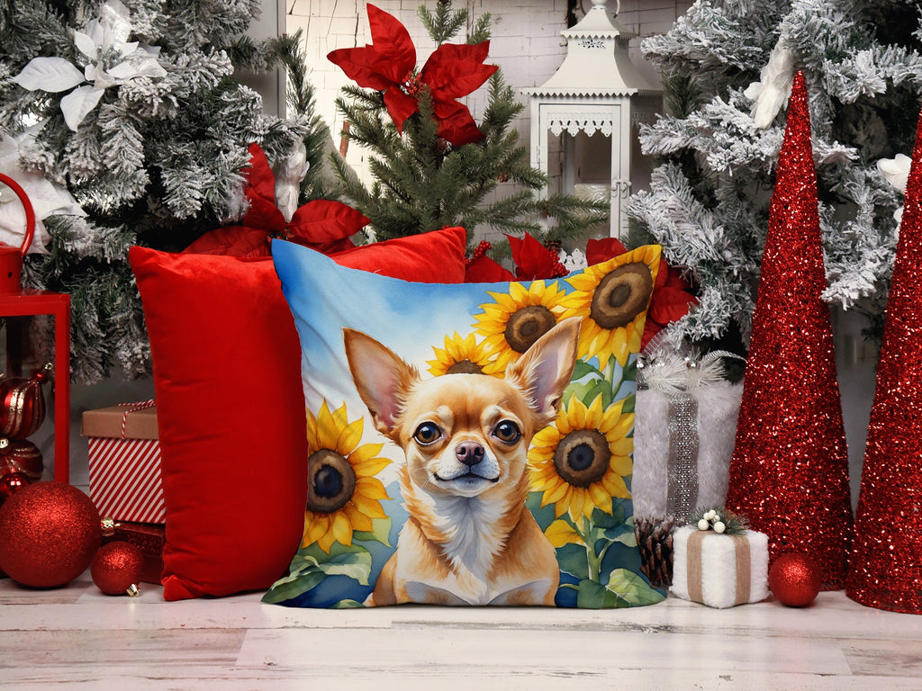 Chihuahua in Sunflowers Decorative Throw Pillow 14x14 Indoor Outdoor Accent Cushion, Fabric Cover with Insert for Sofa, Bed, Porch & Living Room
