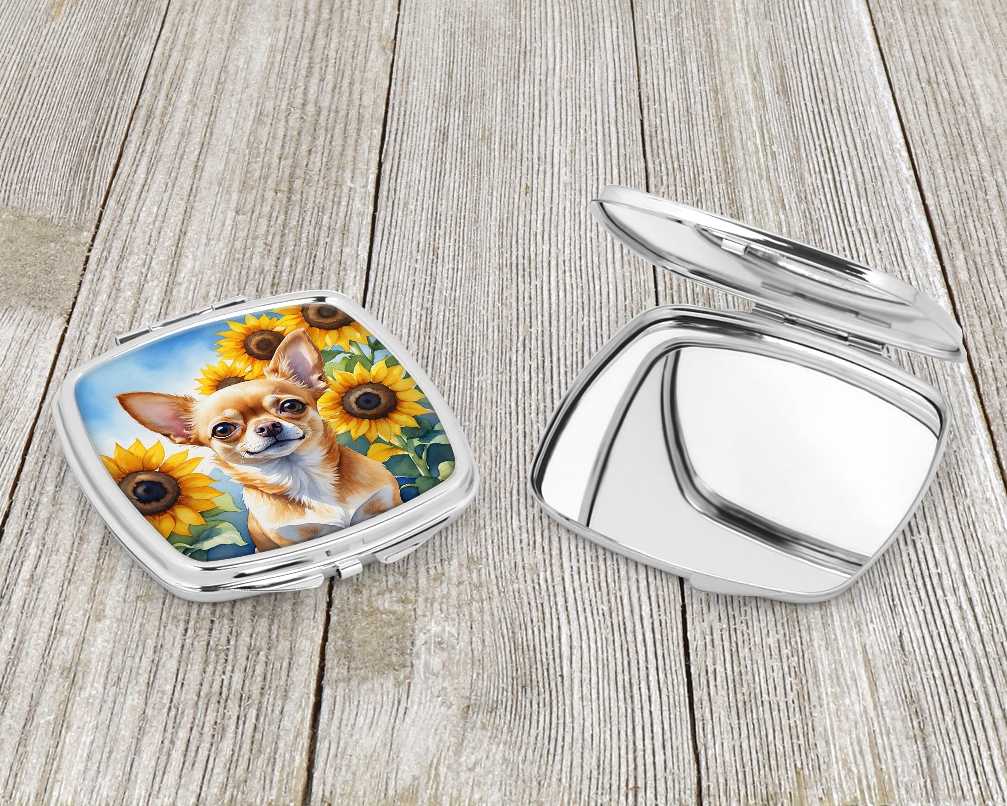Chihuahua in Sunflowers Compact Mirror Decorative Travel Makeup Mirror for Women Girls Gifts Pocket Makeup Mirror Folding Handheld