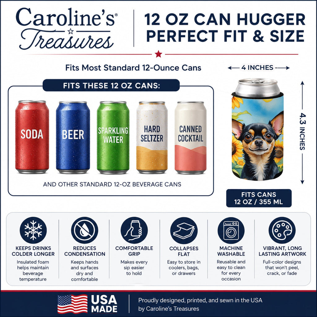 Chihuahua in Sunflowers Can or Bottle Hugger Cooler Sleeve for Standard 12 oz Cans, Insulated Foam Beer & Soda Can Hugger Reusable