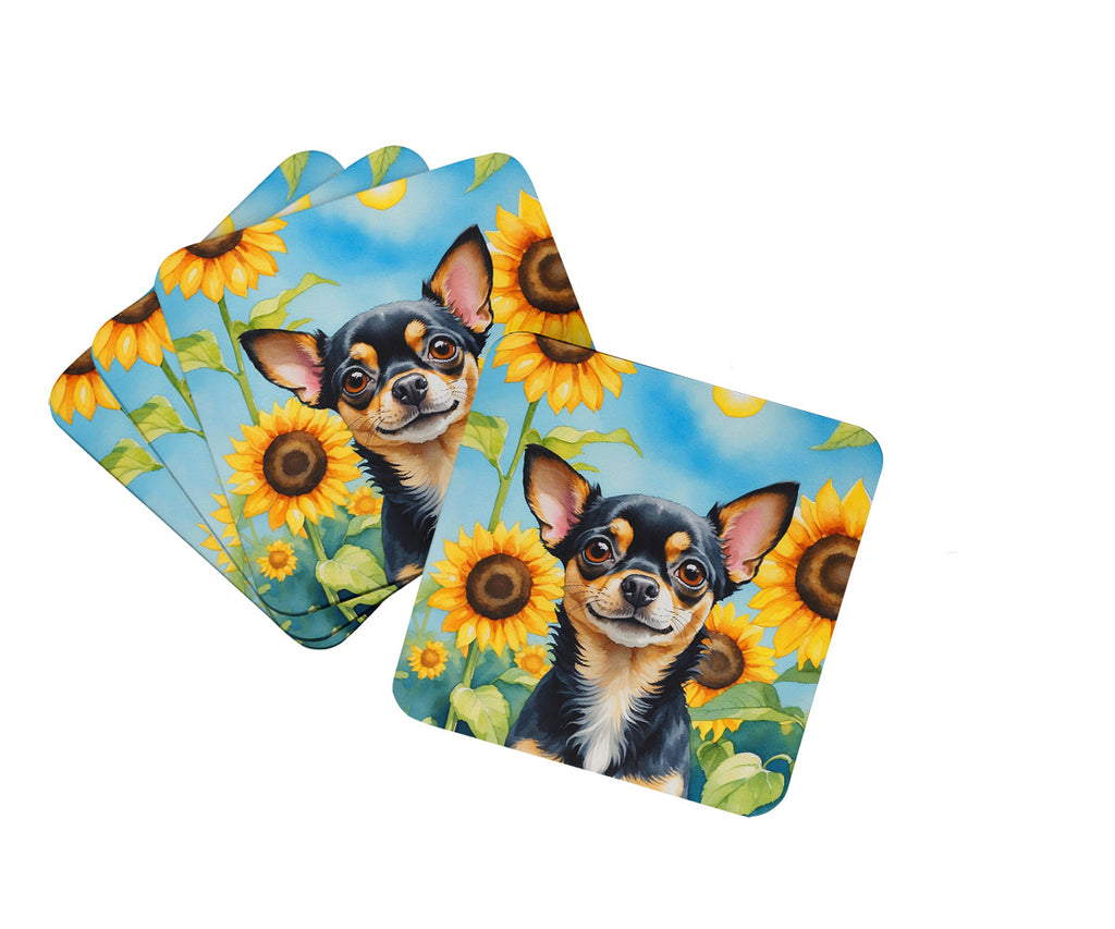 Chihuahua in Sunflowers Foam Coasters Set of 4 Cup Coasters for Indoor Outdoor, Tabletop Protection, Anti Slip, Mouse pad Material