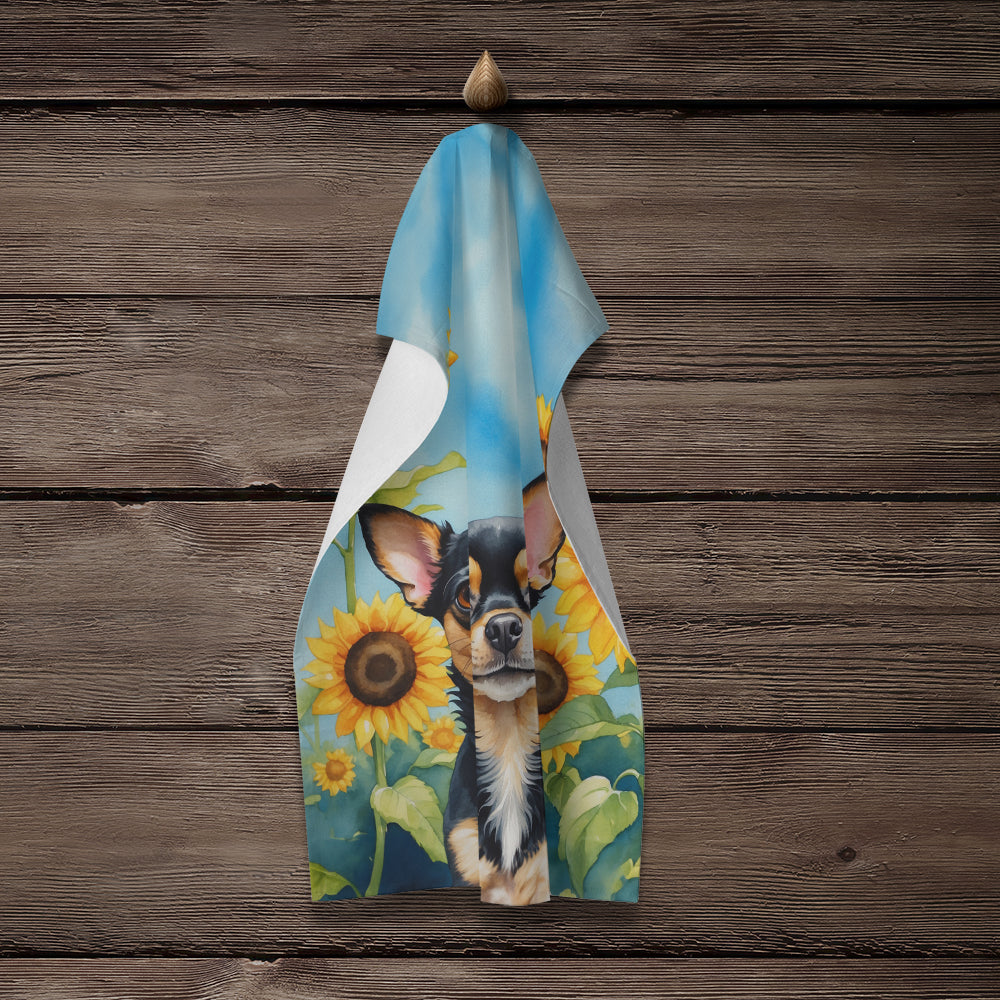 Chihuahua in Sunflowers Kitchen Towel Velour Plush Front and Cotton Loop Back Machine Washable