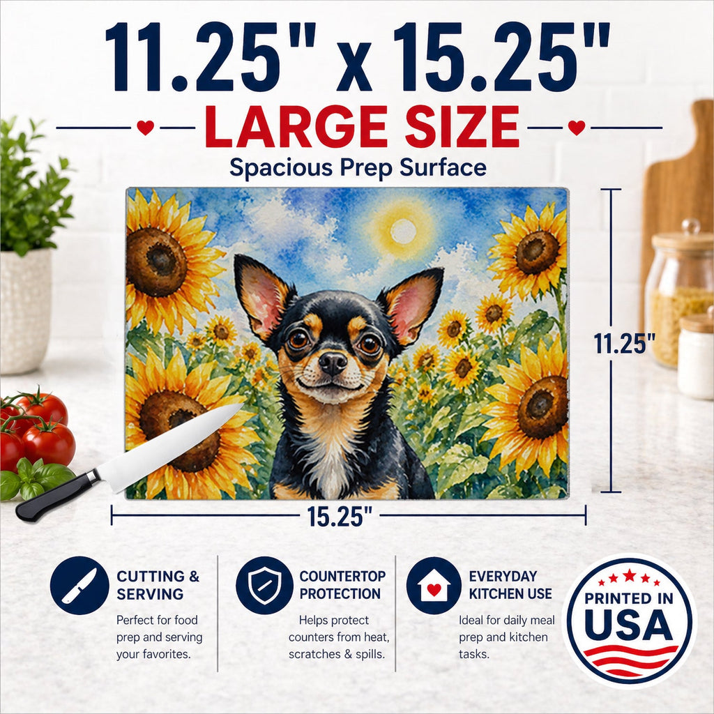 Chihuahua in Sunflowers Cutting Board Tempered Glass Kitchen Cutting Surface, Heat Resistant Chopping Board with Non-Slip Feet, Decorative Food Prep & Serving