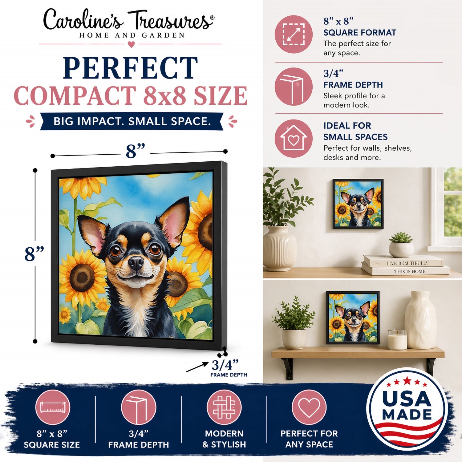 Chihuahua in Sunflowers Framed Metal Print Bathroom, Kitchen, Office, Home Decor Wall Art Ready to Hang, Square, 8X8