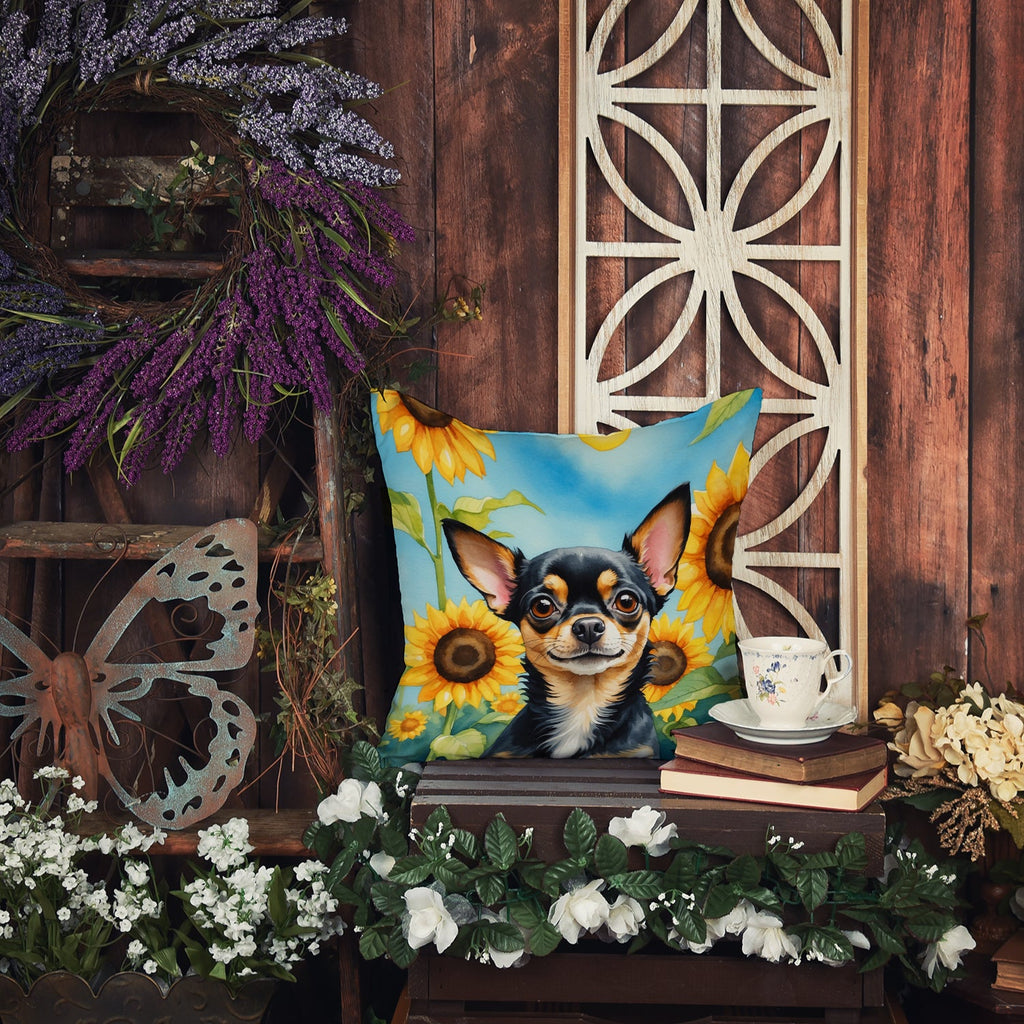 Chihuahua in Sunflowers Decorative Throw Pillow 14x14 Indoor Outdoor Accent Cushion, Fabric Cover with Insert for Sofa, Bed, Porch & Living Room