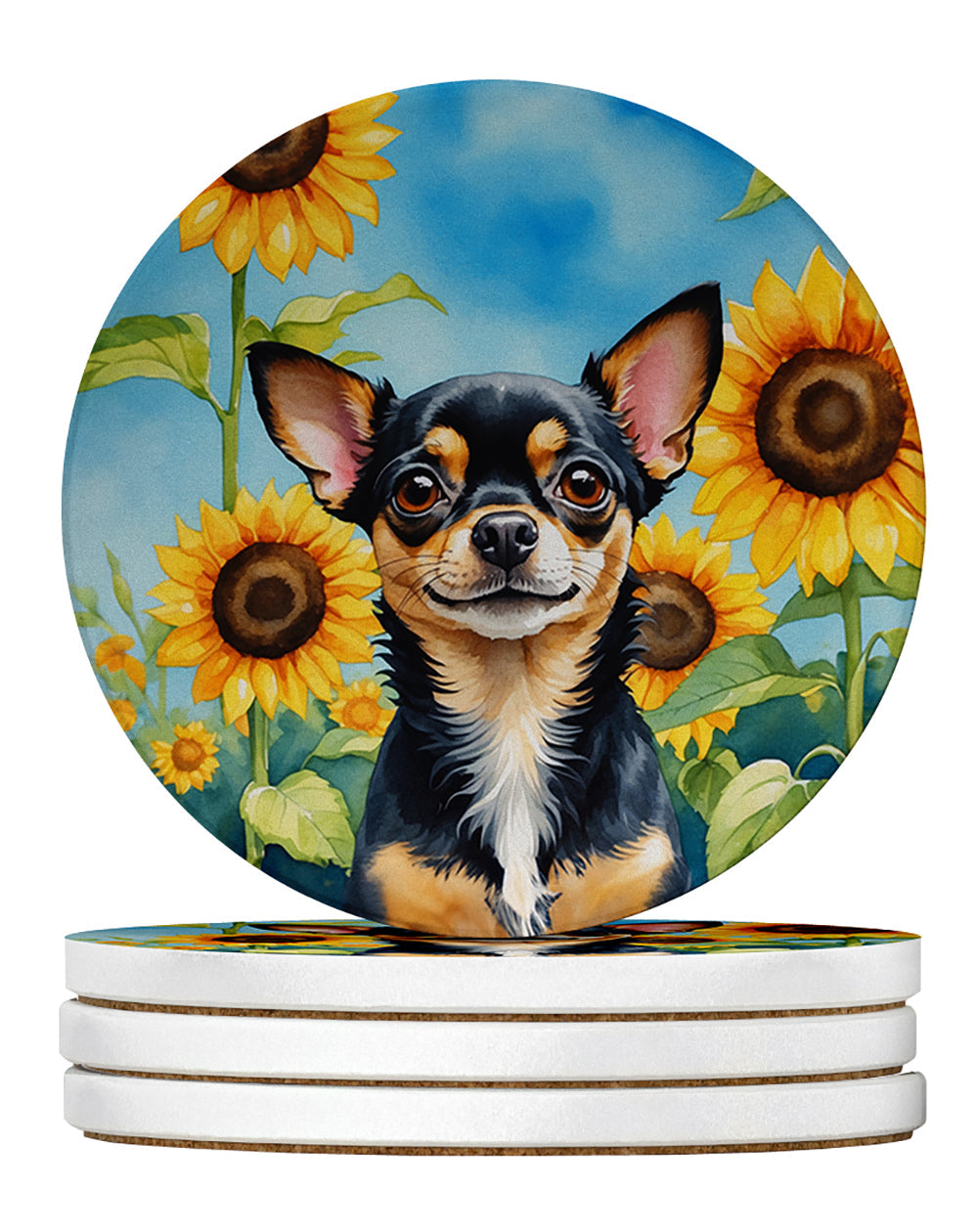 Chihuahua in Sunflowers Large Sandstone Coasters Pack of 4 Absorbent Round Coasters Decor Gifts for Men or Women, 4 in, Multicolor