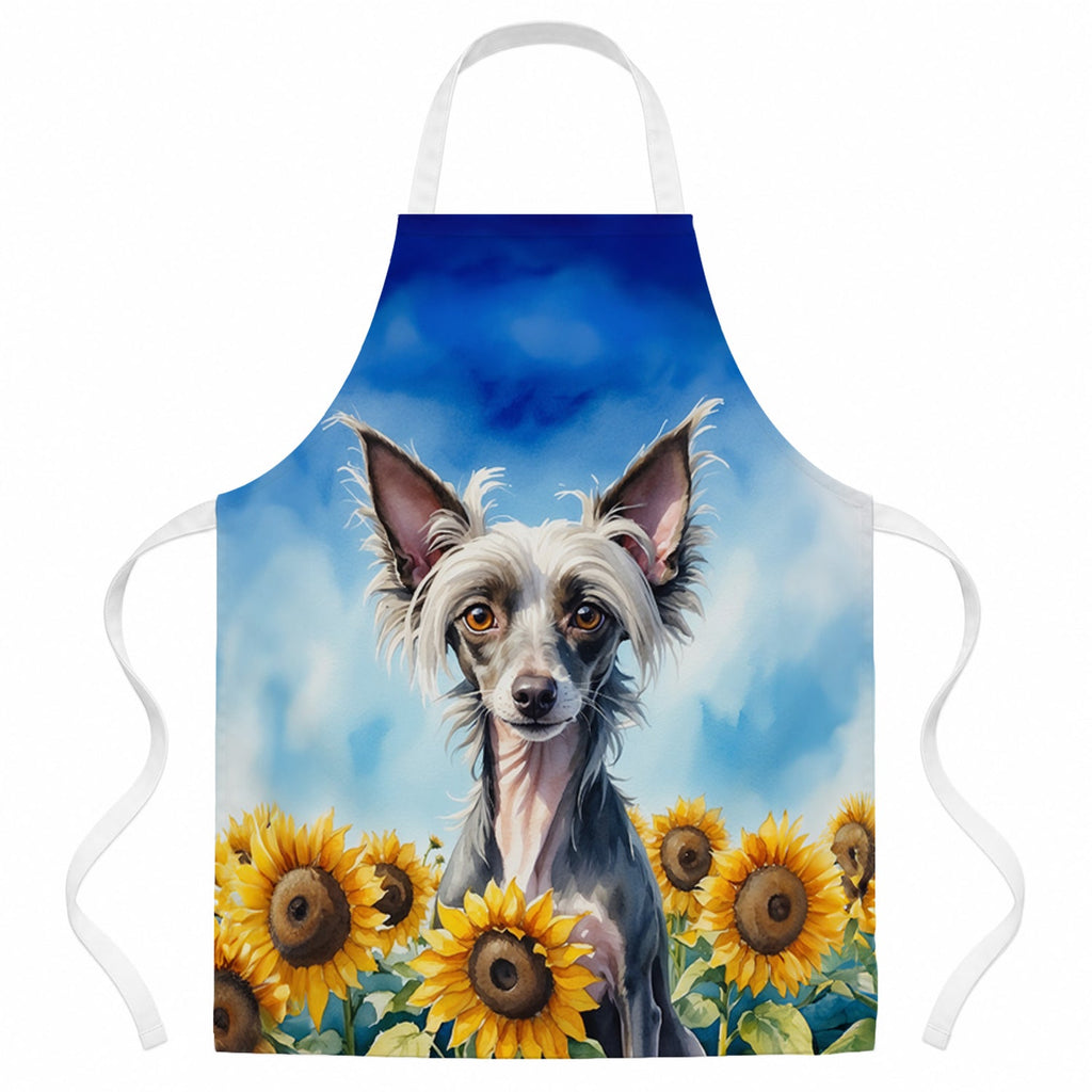 Chinese Crested in Sunflowers Apron Cooking Kitchen Server Baking Crafts Gardening for Adult Women Men, Unisex, Large, Multicolor