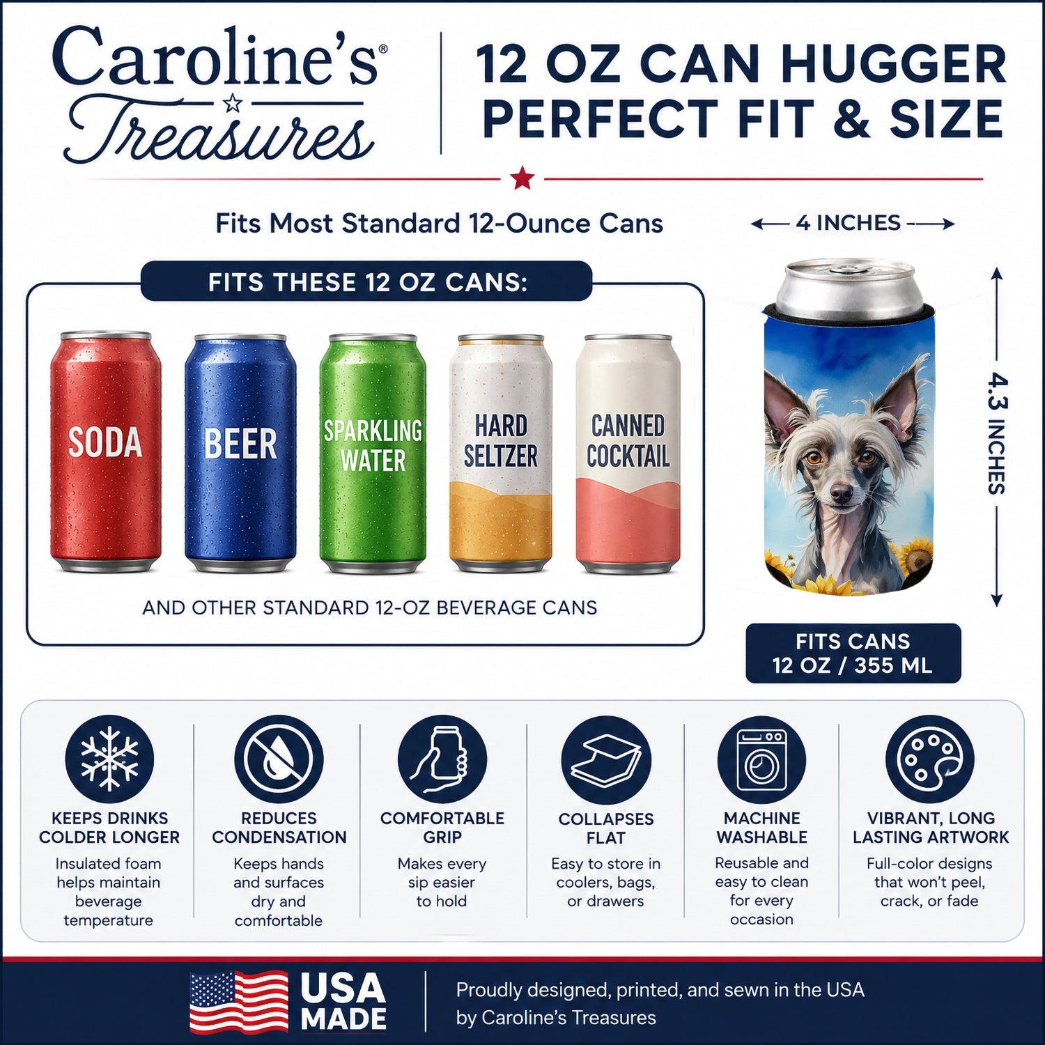Chinese Crested in Sunflowers Can or Bottle Hugger Cooler Sleeve for Standard 12 oz Cans, Insulated Foam Beer & Soda Can Hugger Reusable