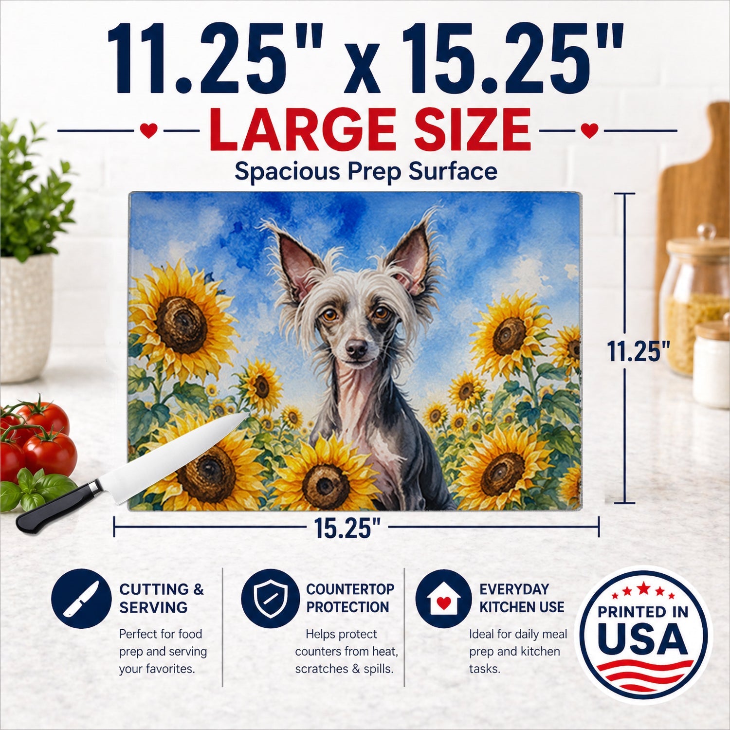 Chinese Crested in Sunflowers Cutting Board Tempered Glass Kitchen Cutting Surface, Heat Resistant Chopping Board with Non-Slip Feet, Decorative Food Prep & Serving
