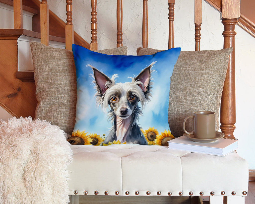 Chinese Crested in Sunflowers Decorative Throw Pillow 14x14 Indoor Outdoor Accent Cushion, Fabric Cover with Insert for Sofa, Bed, Porch & Living Room