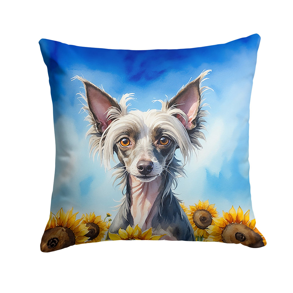 Chinese Crested in Sunflowers Decorative Throw Pillow 18x18 Indoor Outdoor Accent Cushion, Fabric Cover with Insert for Sofa, Bed, Porch & Living Room