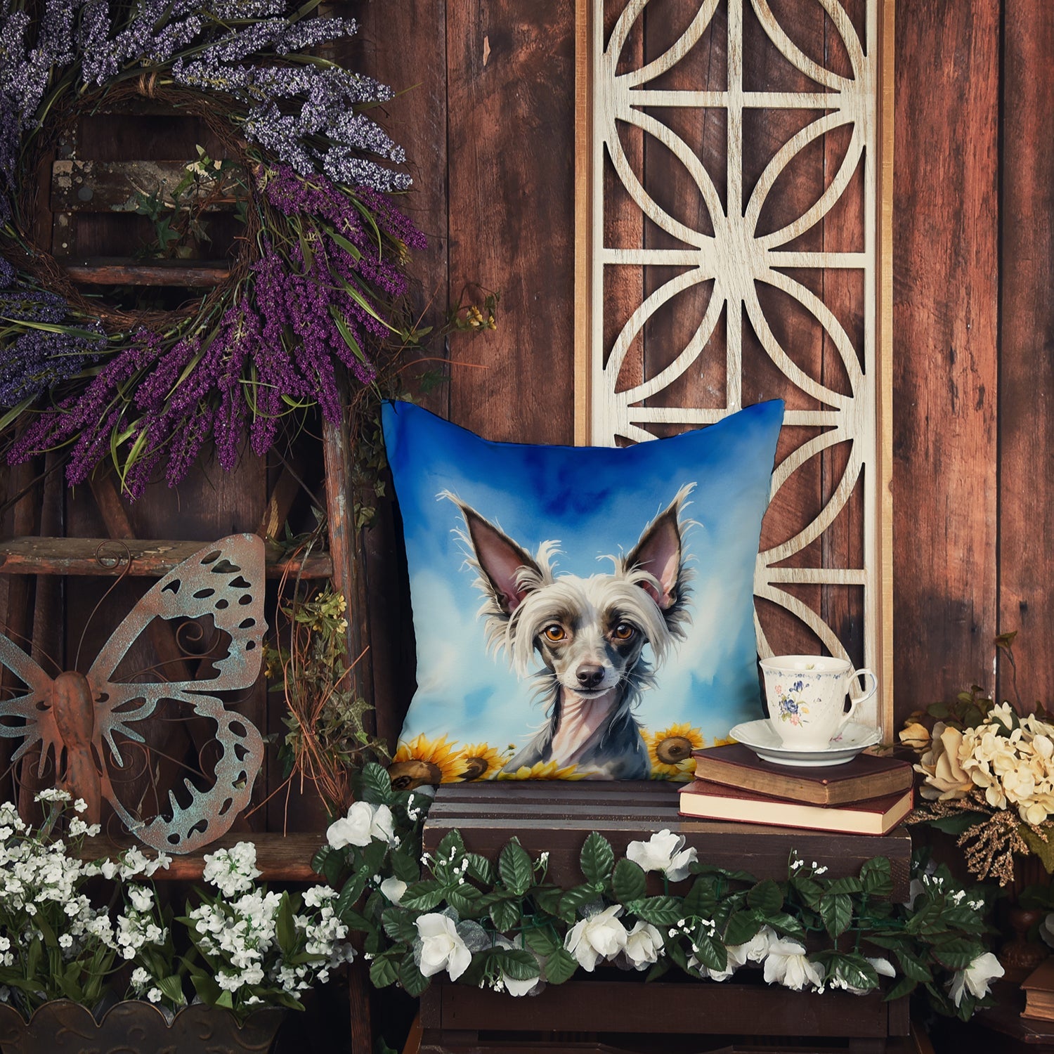 Chinese Crested in Sunflowers Decorative Throw Pillow 18x18 Indoor Outdoor Accent Cushion, Fabric Cover with Insert for Sofa, Bed, Porch & Living Room