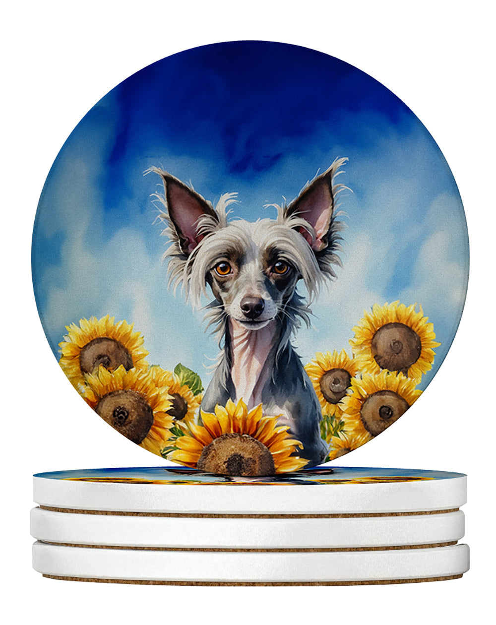 Chinese Crested in Sunflowers Large Sandstone Coasters Pack of 4 Absorbent Round Coasters Decor Gifts for Men or Women, 4 in, Multicolor