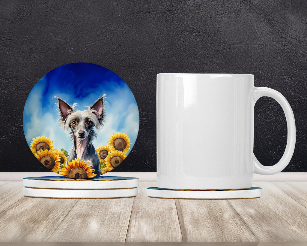 Chinese Crested in Sunflowers Large Sandstone Coasters Pack of 4 Absorbent Round Coasters Decor Gifts for Men or Women, 4 in, Multicolor