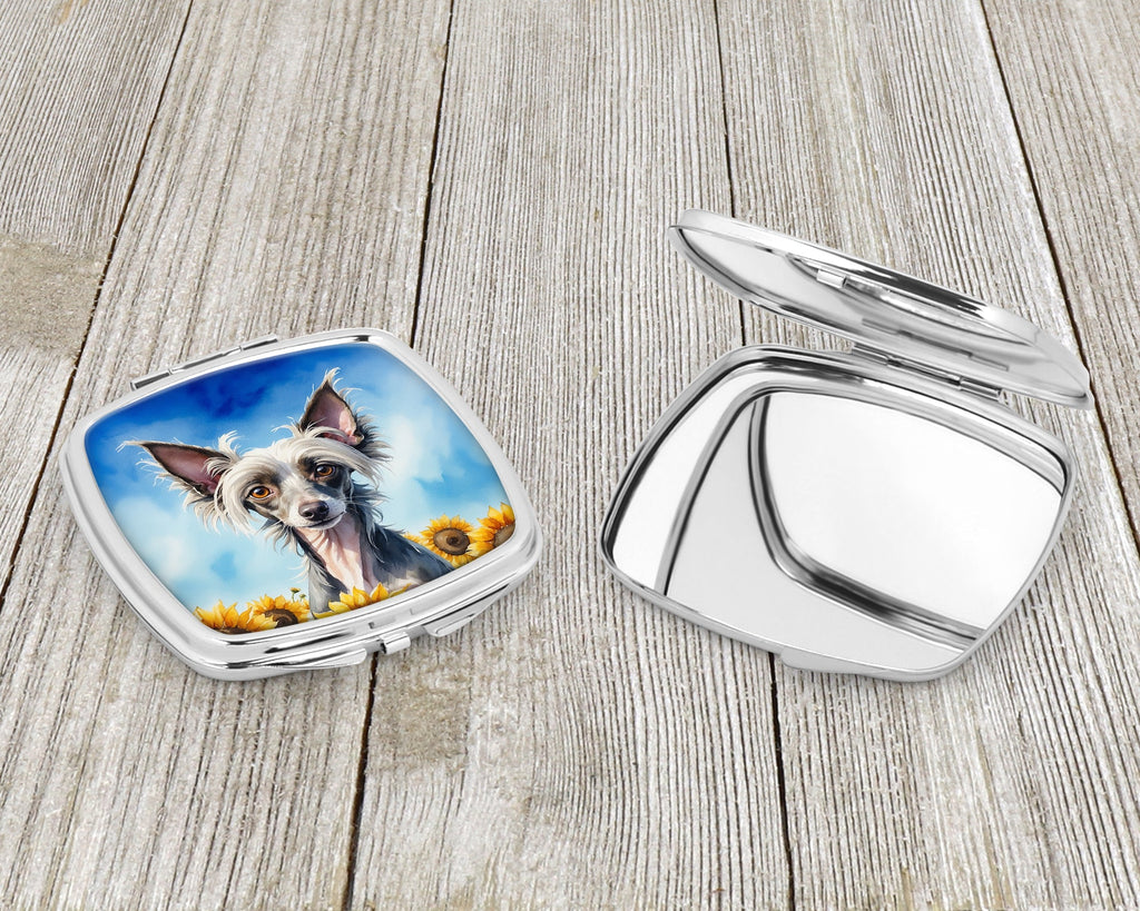 Chinese Crested in Sunflowers Compact Mirror Decorative Travel Makeup Mirror for Women Girls Gifts Pocket Makeup Mirror Folding Handheld