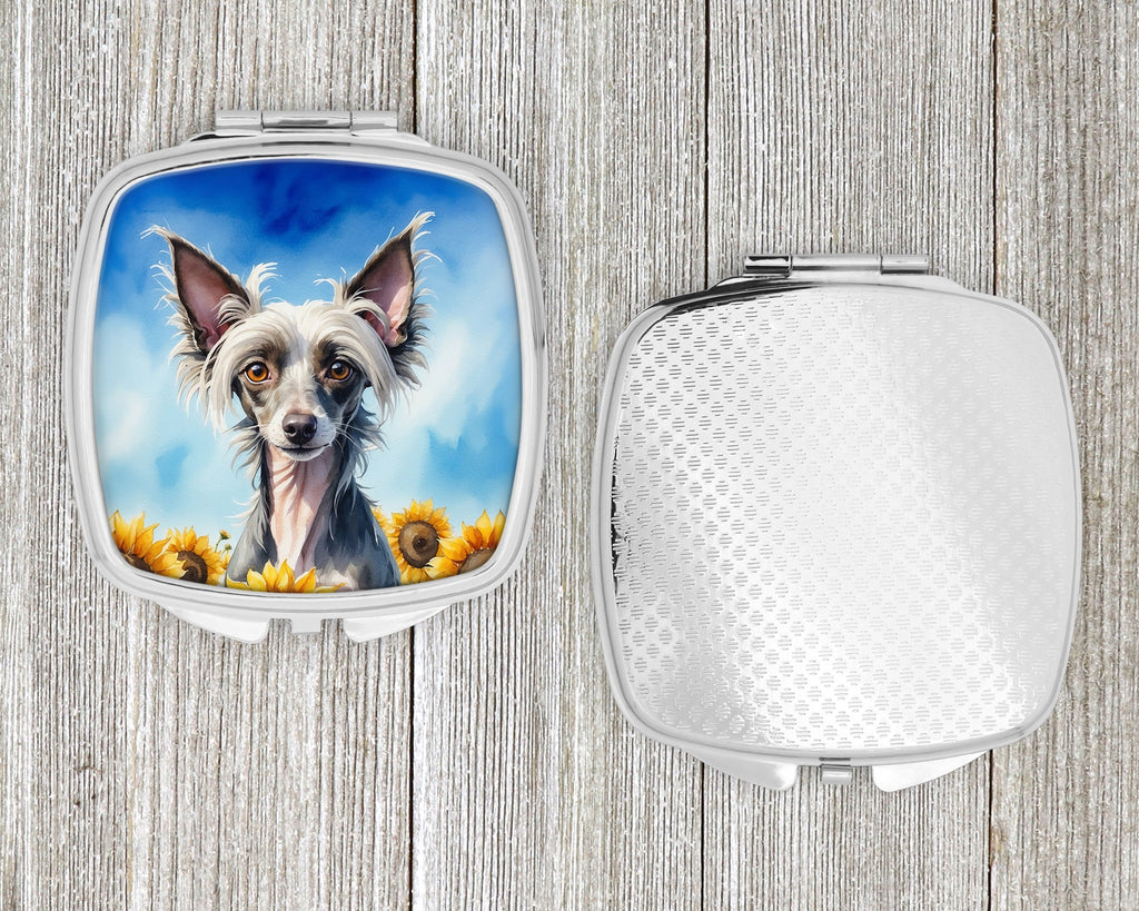 Chinese Crested in Sunflowers Compact Mirror Decorative Travel Makeup Mirror for Women Girls Gifts Pocket Makeup Mirror Folding Handheld