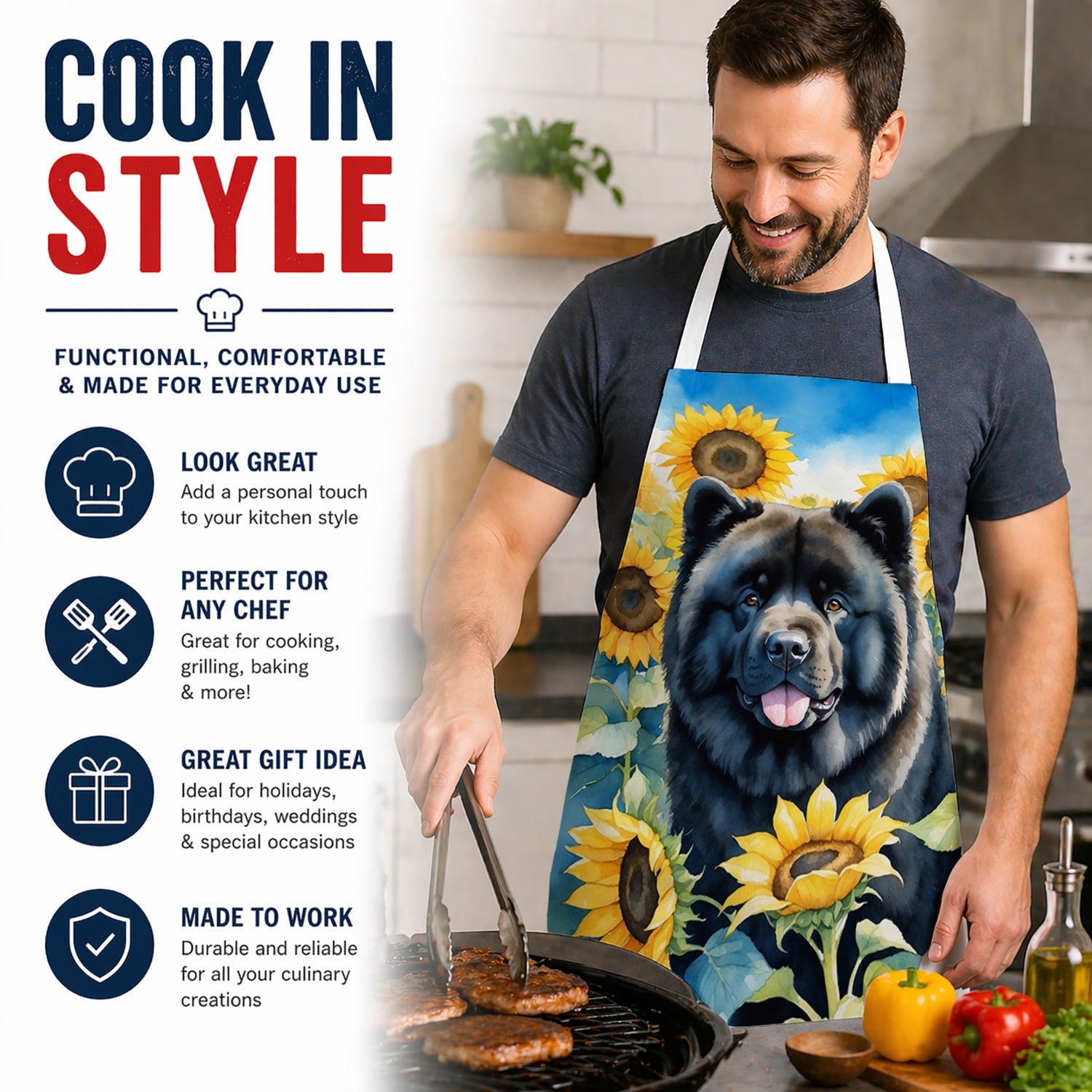 Chow Chow in Sunflowers Apron Cooking Kitchen Server Baking Crafts Gardening for Adult Women Men, Unisex, Large, Multicolor