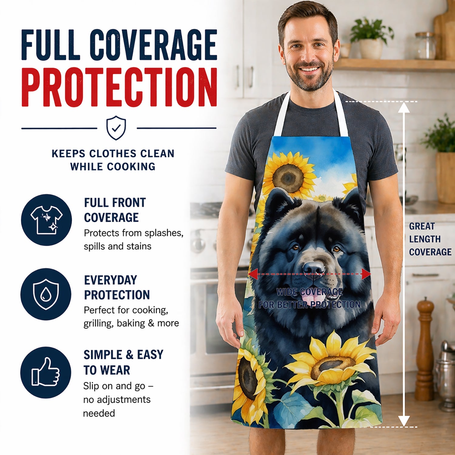 Chow Chow in Sunflowers Apron Cooking Kitchen Server Baking Crafts Gardening for Adult Women Men, Unisex, Large, Multicolor