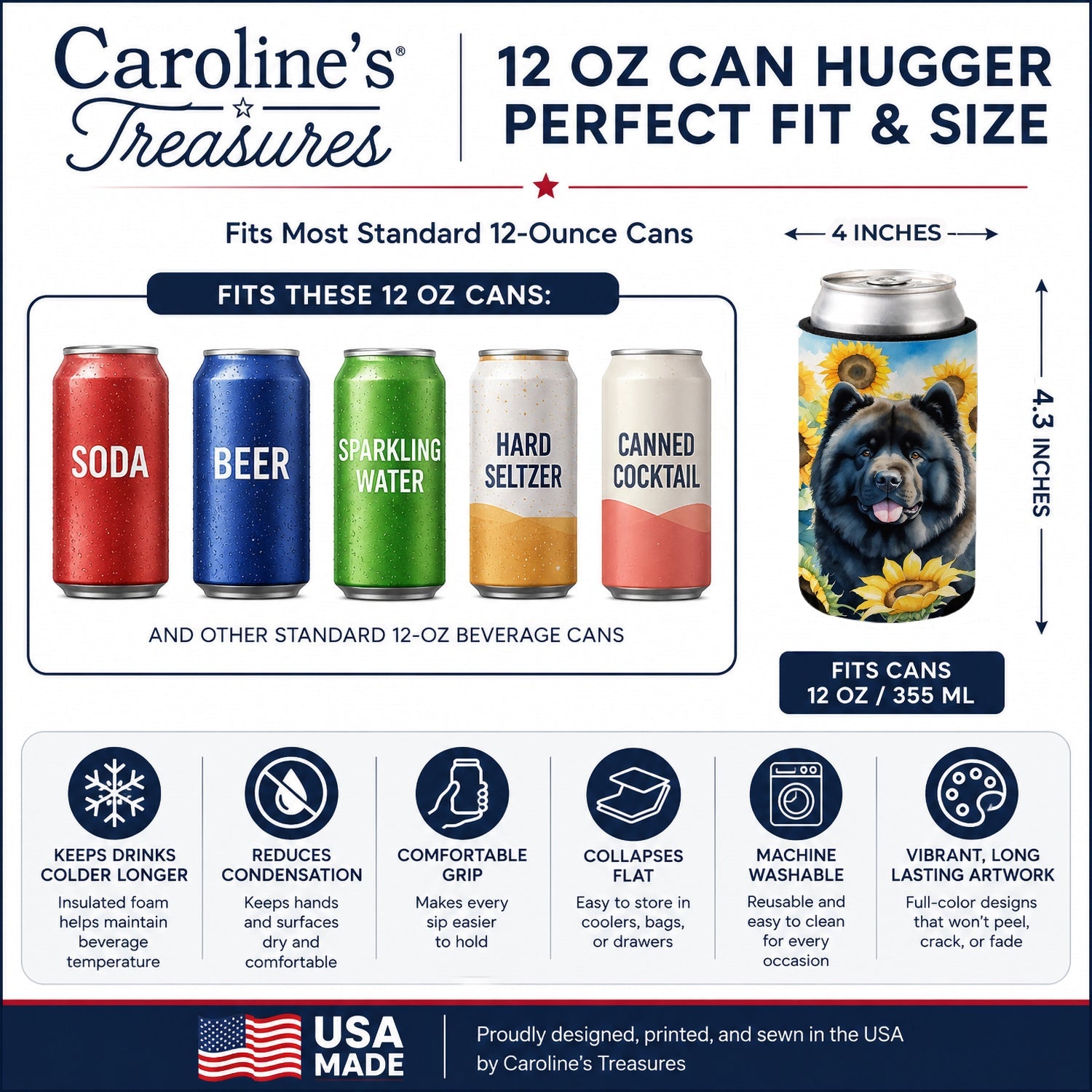 Chow Chow in Sunflowers Can or Bottle Hugger Cooler Sleeve for Standard 12 oz Cans, Insulated Foam Beer & Soda Can Hugger Reusable