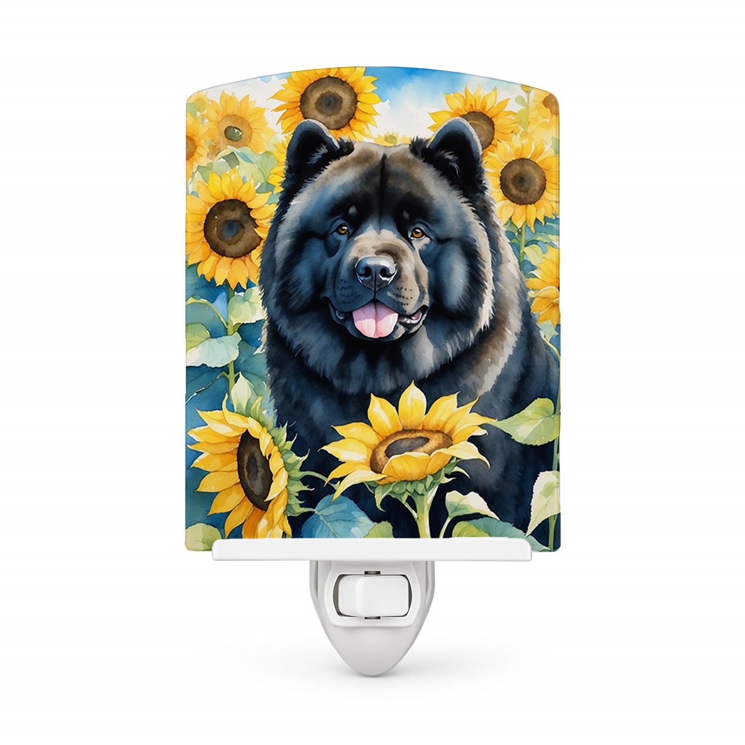 Chow Chow in Sunflowers Ceramic Night Light Compact, UL-Certified, Ideal for Bedroom, Bathroom, Nursery, Hallway, Kitchen, 6x4x3, Multicolor