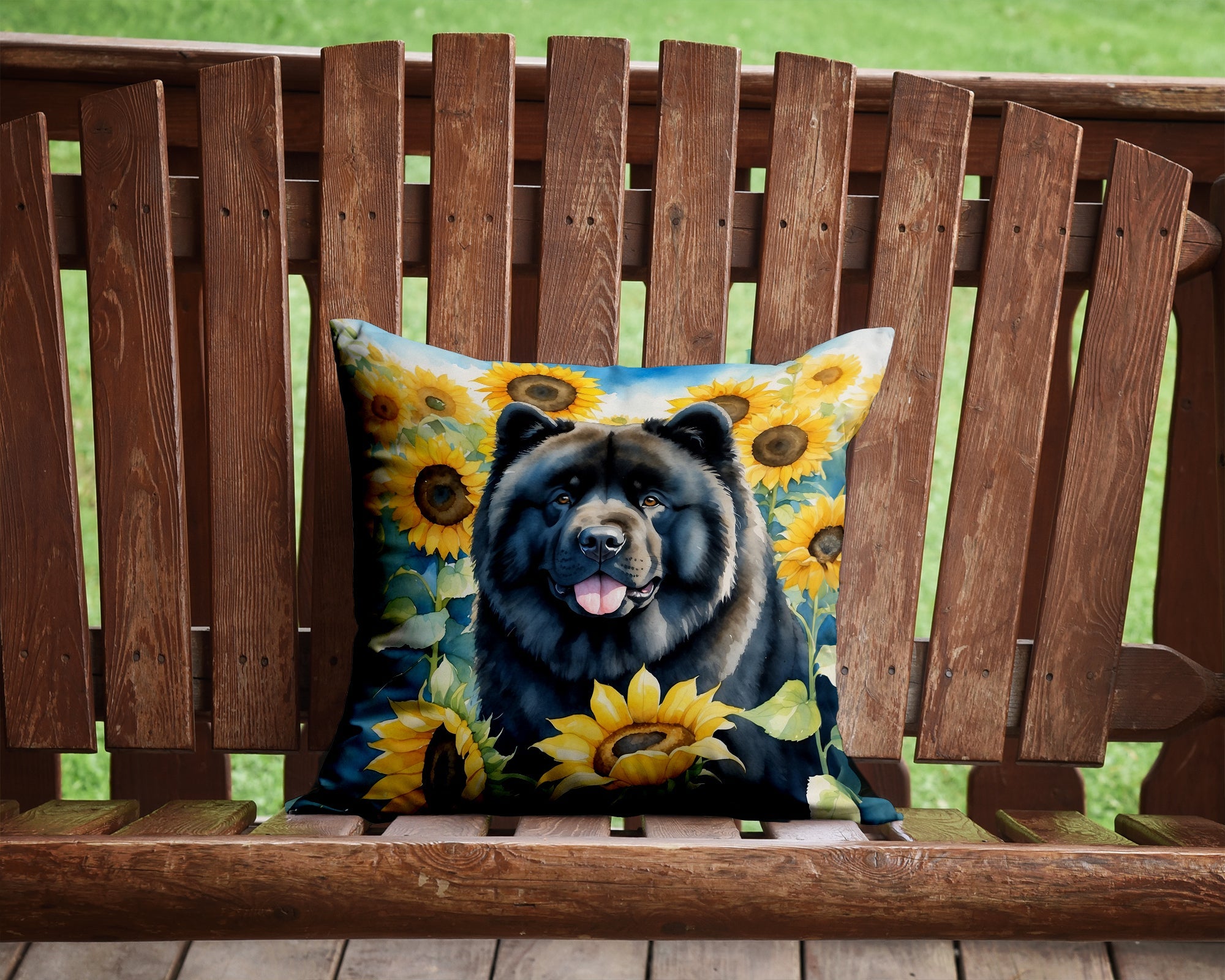 Chow Chow in Sunflowers Decorative Throw Pillow 14x14 Indoor Outdoor Accent Cushion, Fabric Cover with Insert for Sofa, Bed, Porch & Living Room